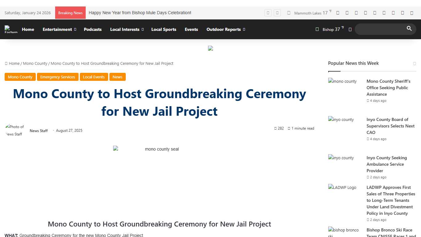 Mono County to Host Groundbreaking Ceremony for New Jail Project Eastern Sierra Now Local News