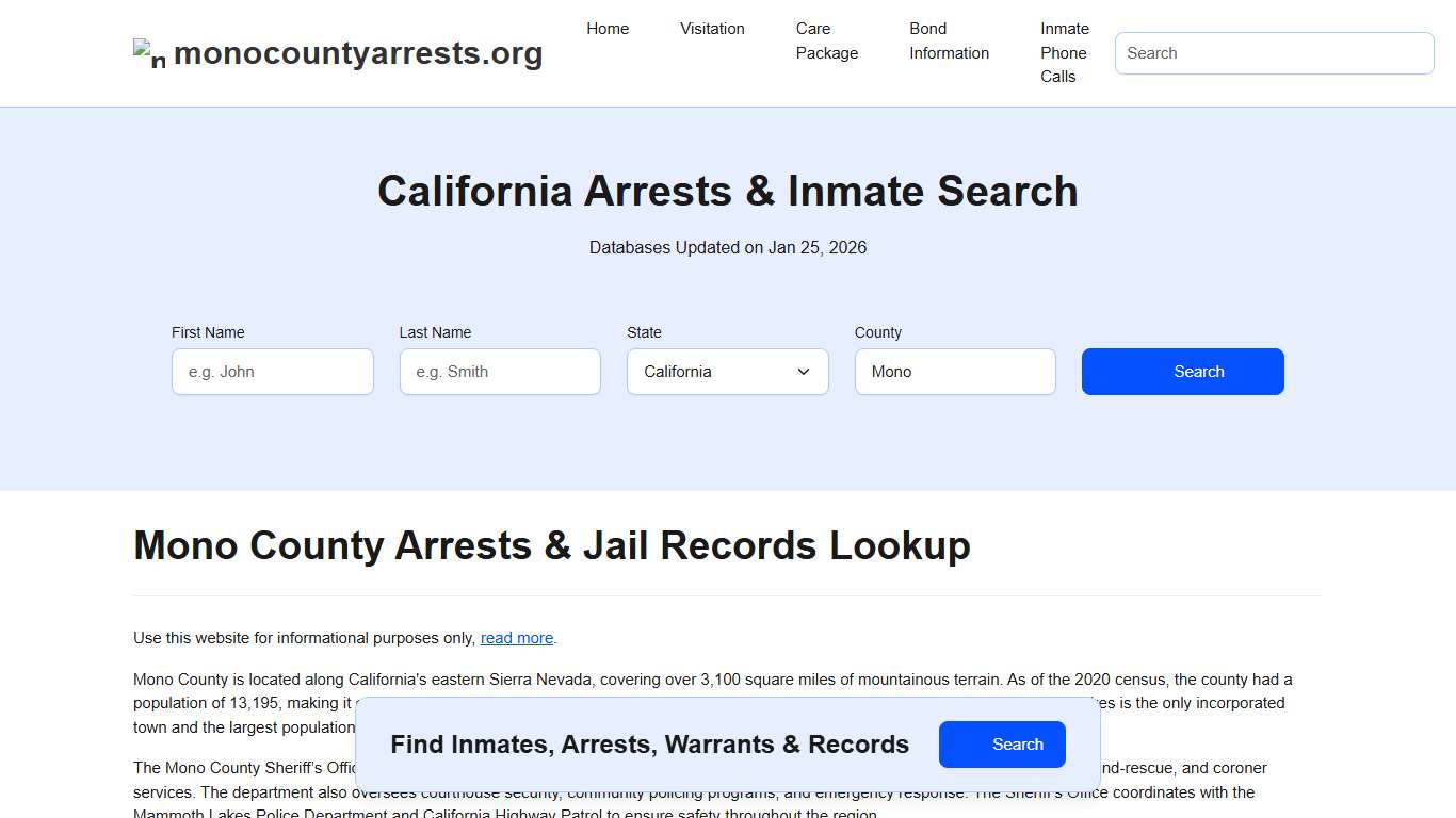 Mono County, CA Arrests, Warrants, Police Records Search